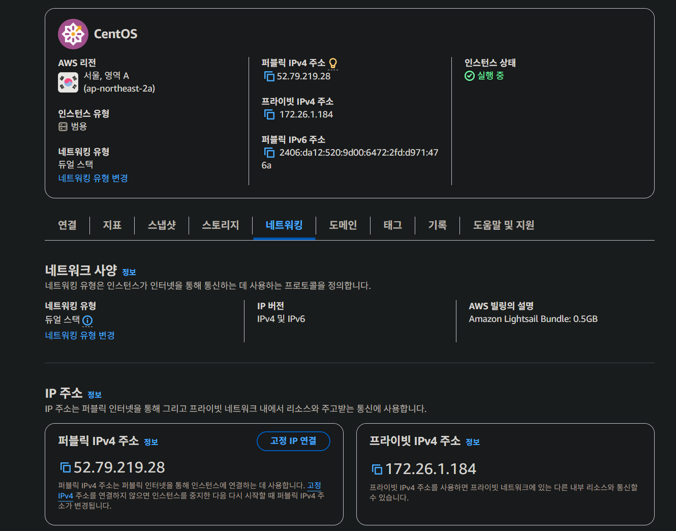 인스턴스 네트워킹 탭의 고정 IP 연결 버튼